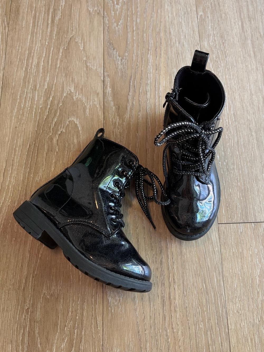 Black Shimmer Patent Lace-Up Combat Boots
